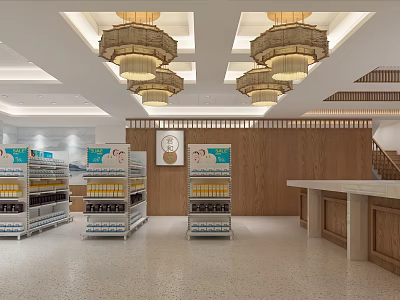 Bright Retail Store Interior With Wooden Walls Shelves Chandeliers And Displayed Products 3d model