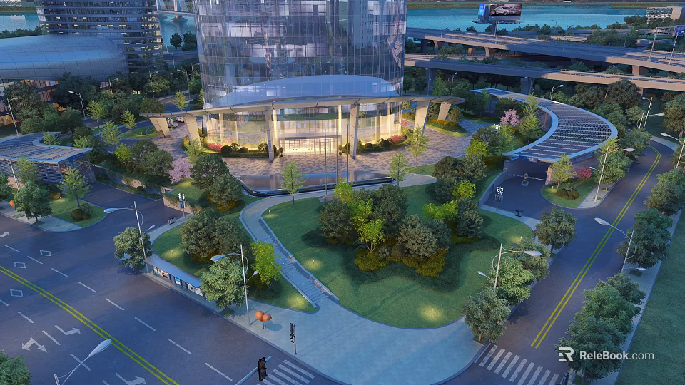 Modern Urban Scenery with High rise Buildings Park Greenery Trees Walkways and Lighting 3d model 