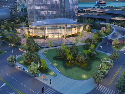 Modern Urban Scenery with High rise Buildings Park Greenery Trees Walkways and Lighting 3d model