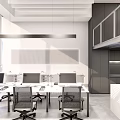 Modern Public Office Space With Workstations Long Desks Office Chairs Staircase Mezzanine And Projector Screen