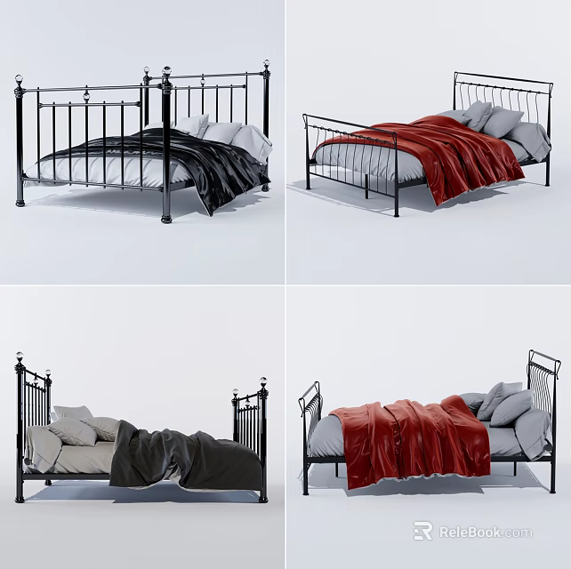 Single Bed with Black Metal Frame and Colorful Bed Sheets and Pillows 3d model 