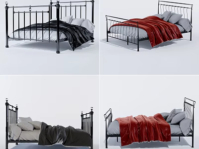 Single Bed with Black Metal Frame and Colorful Bed Sheets and Pillows 3d model