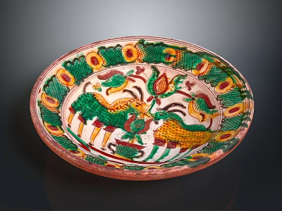 Decorative Bowl With Colorful Animal And Floral Patterns In Vibrant Green Yellow Red 3d model