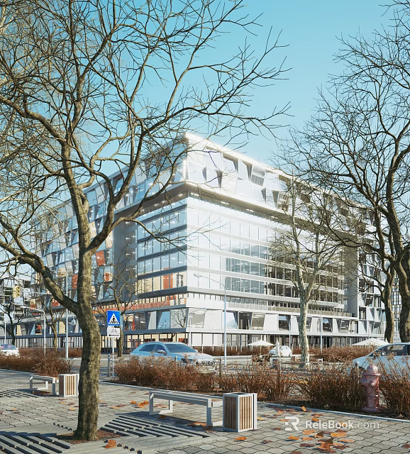 Modern Office Building With Glass Facade Surrounded By Trees On City Street And Parked Cars 3d model 