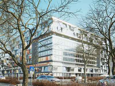 Modern Office Building With Glass Facade Surrounded By Trees On City Street And Parked Cars 3d model