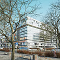 Modern Office Building With Glass Facade Surrounded By Trees On City Street And Parked Cars