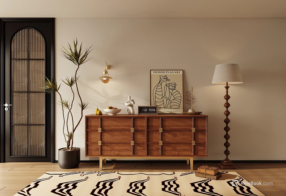 Elegant Wooden Console Cabinet With Brass Details Decorative Items Floor Lamp And Potted Plant 3d model 