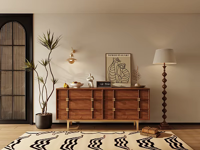 Elegant Wooden Console Cabinet With Brass Details Decorative Items Floor Lamp And Potted Plant 3d model