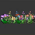 Vibrant Flower Plants with Multiple Colors Various Shapes and Green Stems Leaves on Dark Background