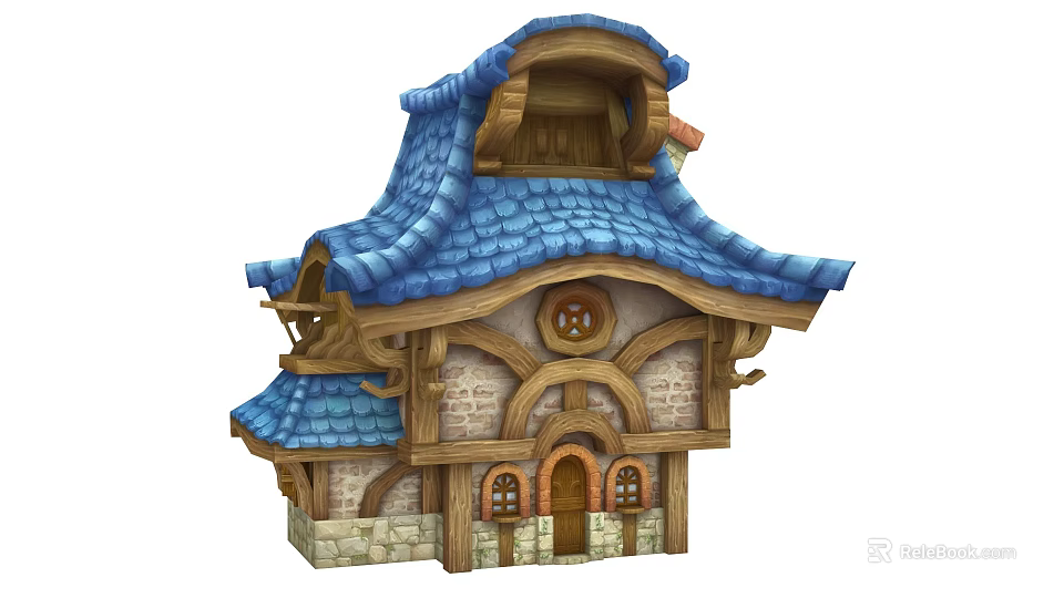 Cartoon Fairy Tale House With Blue Tiled Roof And Arched Wooden Windows 3d model 
