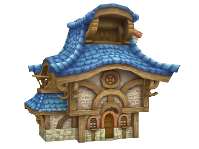 Cartoon Fairy Tale House With Blue Tiled Roof And Arched Wooden Windows 3d model