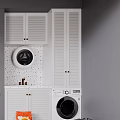 White Laundry Cabinet Rack With Washing Machines Dryers Open Shelves And Tile Backsplash