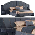 Elegant Striped Double Bed With Gold Accents Navy Blue Beige Bedding And Decorative Pillows
