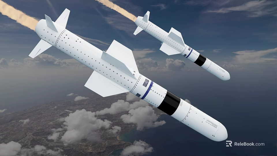 Modern Aerial Missiles with White Blue Black Striped Body Flying in Sky with Tail Flames 3d model 