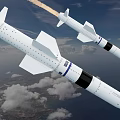 Modern Aerial Missiles with White Blue Black Striped Body Flying in Sky with Tail Flames
