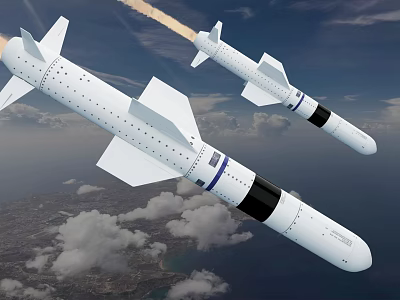 Modern Aerial Missiles with White Blue Black Striped Body Flying in Sky with Tail Flames 3d model
