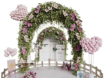 Floral Display With Flower Arch Green Leaves Pink Blooms And Heart Balloons For Wedding Backdrop 3d model