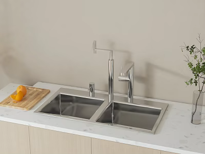 Stainless Steel Double Bowl Kitchen Sink With Modern Faucet And Wooden Cutting Board 3d model