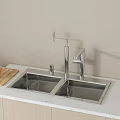 Stainless Steel Double Bowl Kitchen Sink With Modern Faucet And Wooden Cutting Board