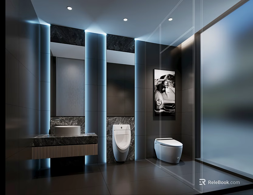 Modern Public Restroom Interior With Dark Walls Lighting Sink Urinal Toilet And Artwork 3d model 