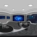 Modern Tech Exhibition Hall With Large World Map Digital Screen Multiple Monitors And Round Podiums 3d model