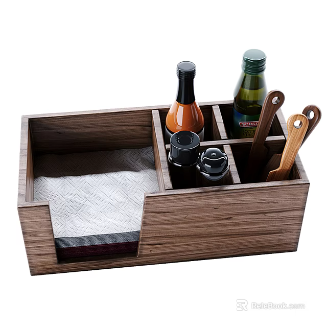 Wooden Kitchenware Organizer Storage Box With Condiment Bottles Utensils And Paper Towel 3d model 