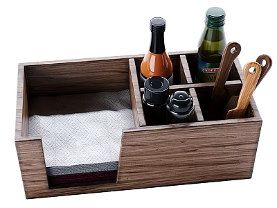 Wooden Kitchenware Organizer Storage Box With Condiment Bottles Utensils And Paper Towel 3d model