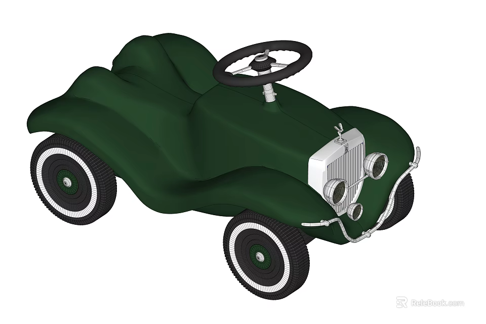 Green Vintage Style Children's Toy Car with Steering Wheel and Classic Headlights 3d model 