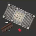Stone Bridge With Iron Railing Steps Wooden Bench Trash Can And Lamp Post