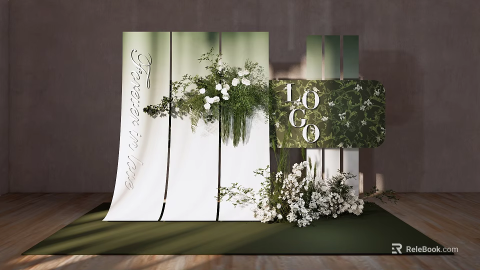 Elegant Wedding Decor With Green White Floral Arrangements And Forever In Love Sign 3d model 