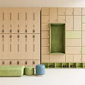 Modern Wooden Storage Cabinets with Beige Green Open Compartments Lockers and Ottomans