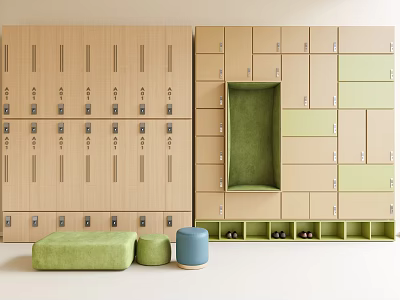Modern Wooden Storage Cabinets with Beige Green Open Compartments Lockers and Ottomans 3d model