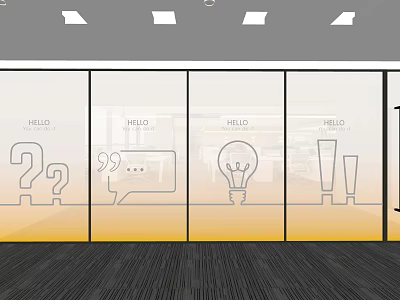 Transparent Glass Partitions With Question Marks Speech Bubbles Light Bulb Icons Yellow Floor White Lights 3d model