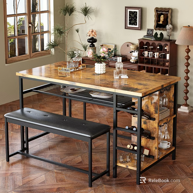 Cozy Restaurant Dining Space With Wooden Table Black Metal Frame Bench Wine Rack And Decorative Items 3d model 