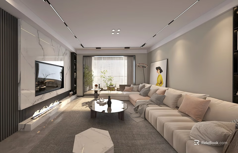 Modern Living Dining Room Interior With Large Sofa TV Marble Wall Coffee Table and Plants 3d model 