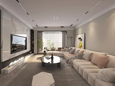 Modern Living Dining Room Interior With Large Sofa TV Marble Wall Coffee Table and Plants 3d model