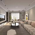 Modern Living Dining Room Interior With Large Sofa TV Marble Wall Coffee Table and Plants