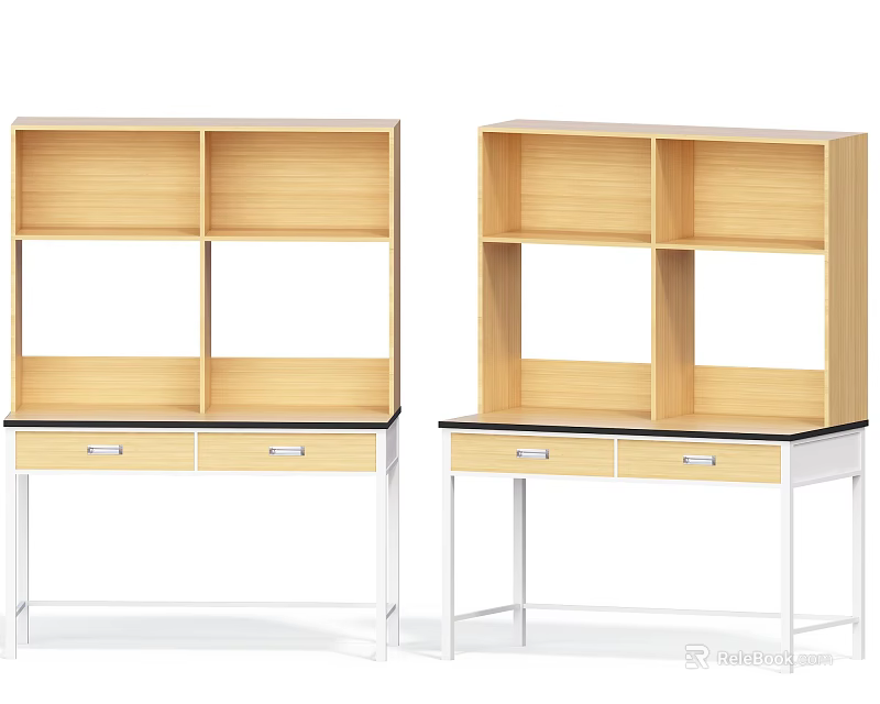 Modern Wooden Desk With Open Bookshelf Two Drawers And Metal Legs 3d model 