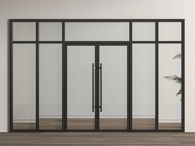 Double Doors with Black Frame and Glass Panels in Modern Interior with Wooden Floor 3d model