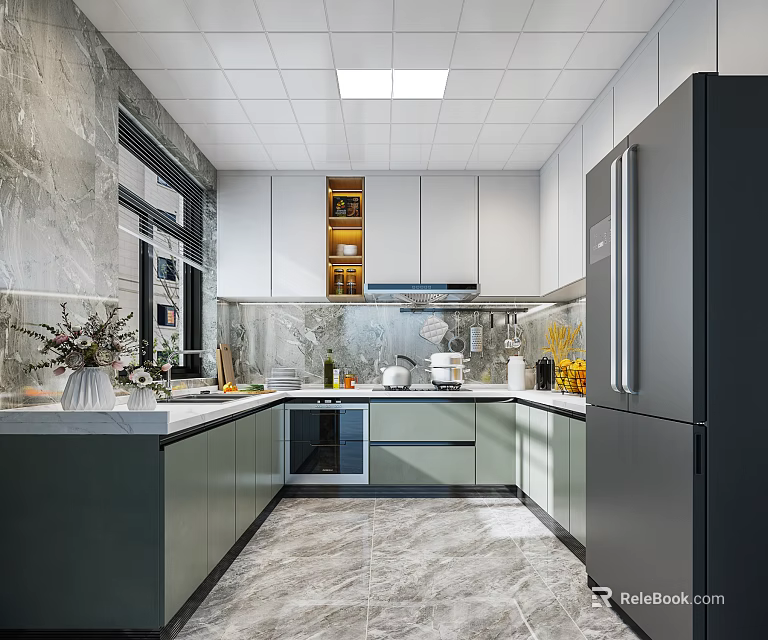 Modern Kitchen Interior With Marble Backsplash Dark Cabinets Countertop And Black Refrigerator 3d model