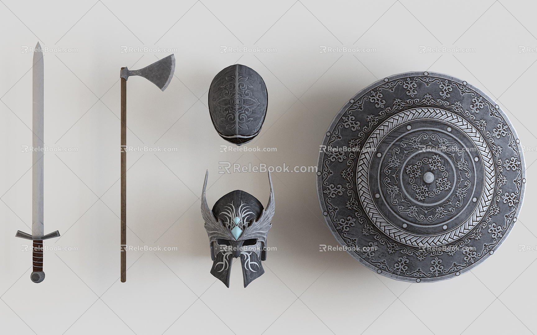 European Weapon Armor Metal Sword Shield Axe Helmet 3d model