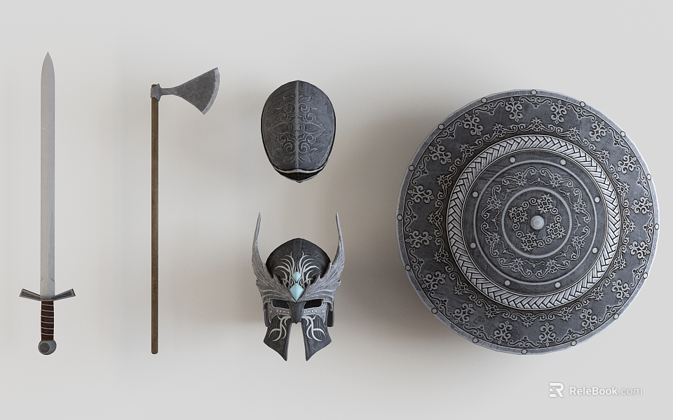 Medieval Historical Weapons Collection Including Axe Helmet and Shield with Intricate Carved Decorative Designs 3d model 