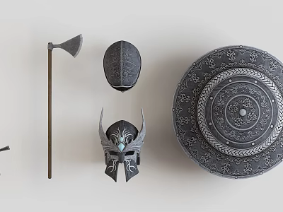 Medieval Historical Weapons Collection Including Axe Helmet and Shield with Intricate Carved Decorative Designs 3d model