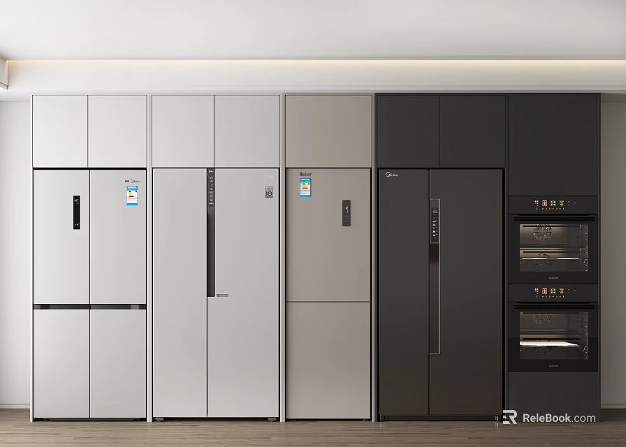 Modern Refrigerators and Freezers Arranged in White Silver Black Colors for Kitchen 3d model 