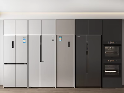 Modern Refrigerators and Freezers Arranged in White Silver Black Colors for Kitchen 3d model