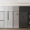Modern Refrigerators and Freezers Arranged in White Silver Black Colors for Kitchen