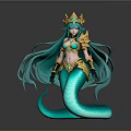 Mythical Mermaid Character With Teal Long Hair Golden Crown And Turquoise Tail