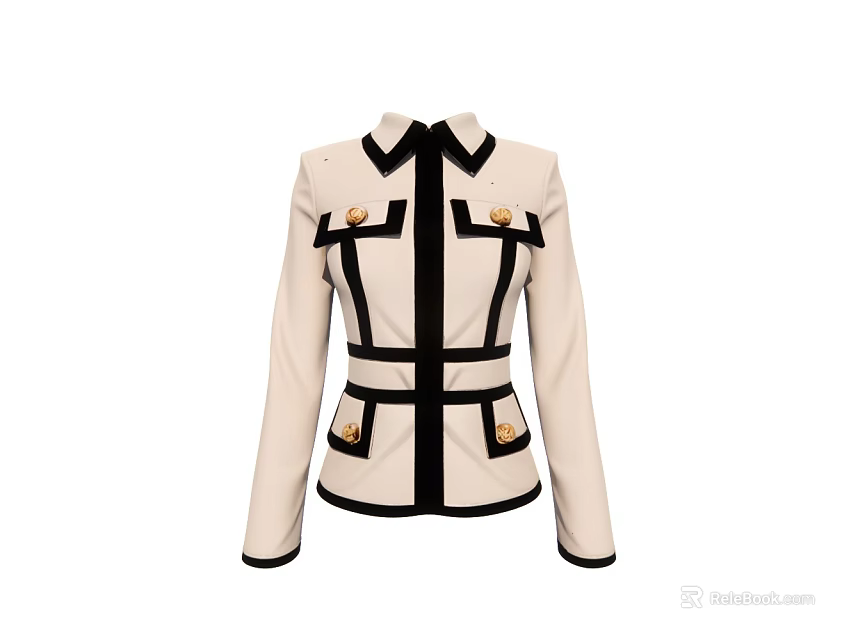 Stylish Beige Coat With Black Trim Decorative Buttons Pockets And Long Sleeves 3d model 