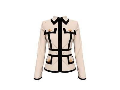 Stylish Beige Coat With Black Trim Decorative Buttons Pockets And Long Sleeves 3d model