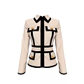 Stylish Beige Coat With Black Trim Decorative Buttons Pockets And Long Sleeves
